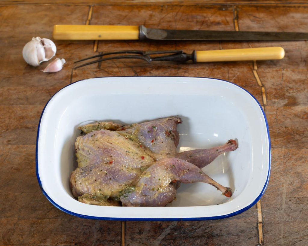 Marinated spatchcock partridge